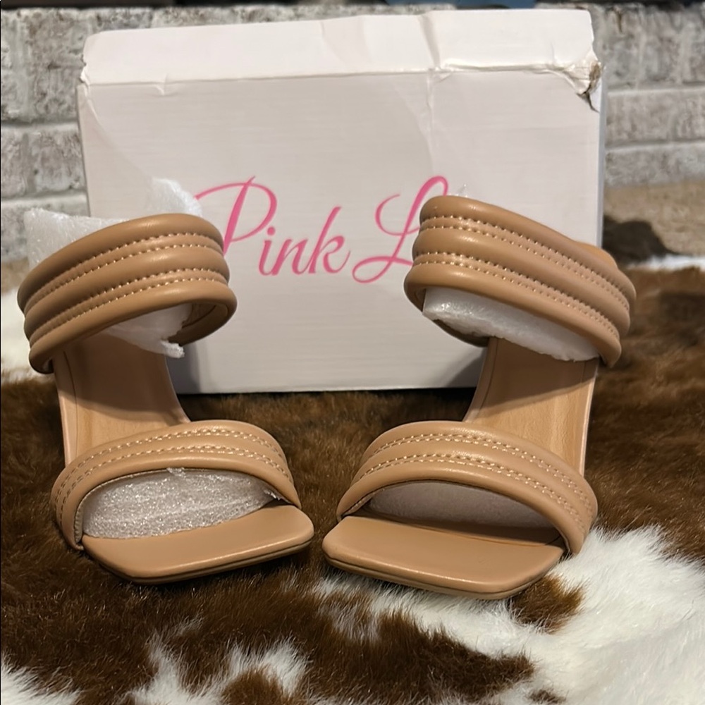 Pink Lily Tan Heels with Textured Straps